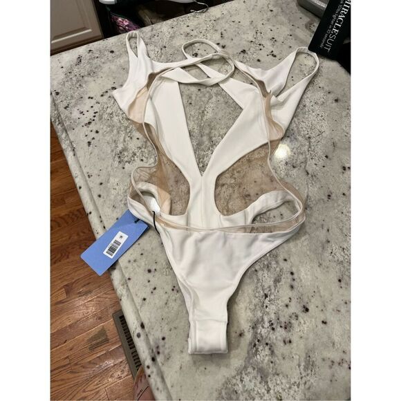 Mugler Sheer Cut Out Bodysuit White & Nude Sz 42Fr L-XL US NWT WAS $950 - Picture 7 of 8